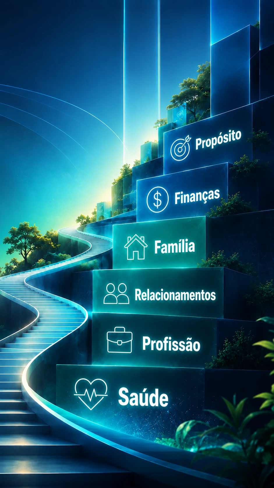 Escada de evolução pessoal com as áreas da vida integradas
