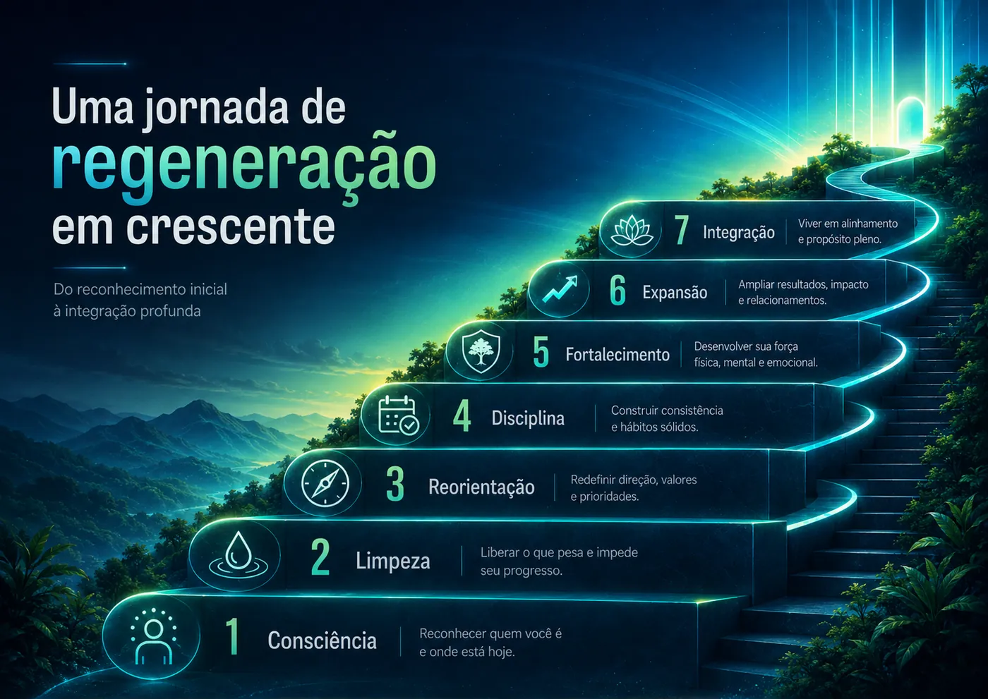 Jornada de regeneração organizada em sete etapas progressivas