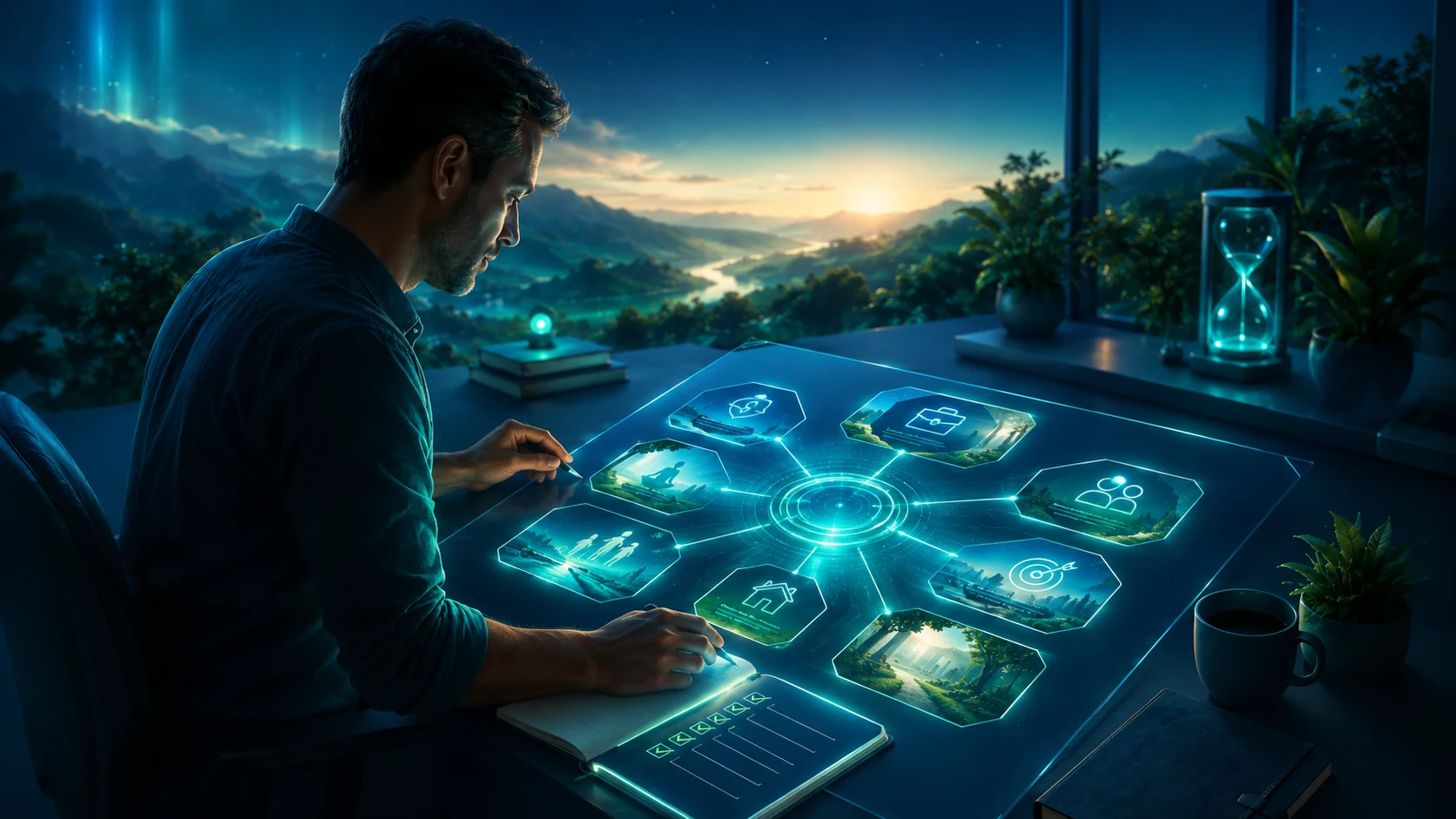 Representação do REGENERE-SE em computador, tablet, celular e caderno de exercícios